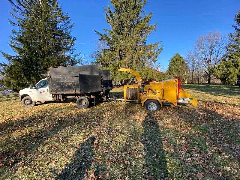 A yellow wood chipper on a trailer next to a white pickup truck with a black bed. They are on a grassy lawn.