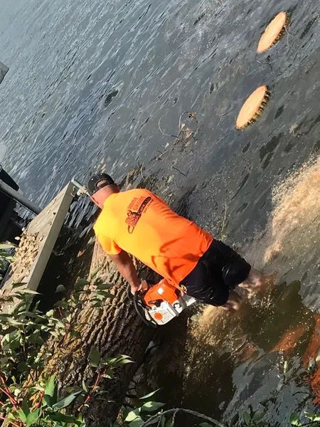 Man in orange shirt using a chainsaw in water, cutting a log. Two wood discs are floating in the water.
