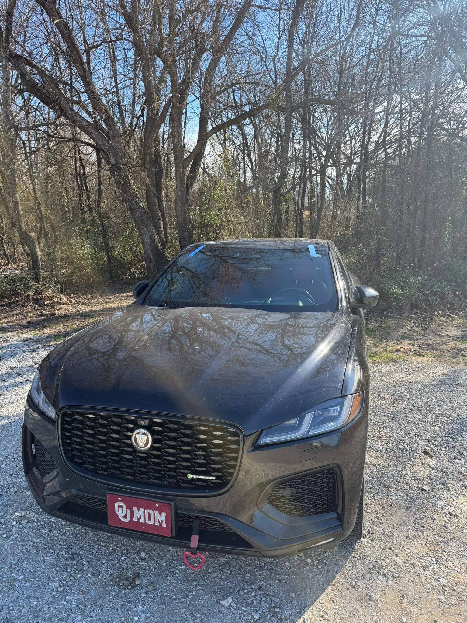Black Jaguar SUV parked on gravel driveway. Oklahoma license plate. Tree background.