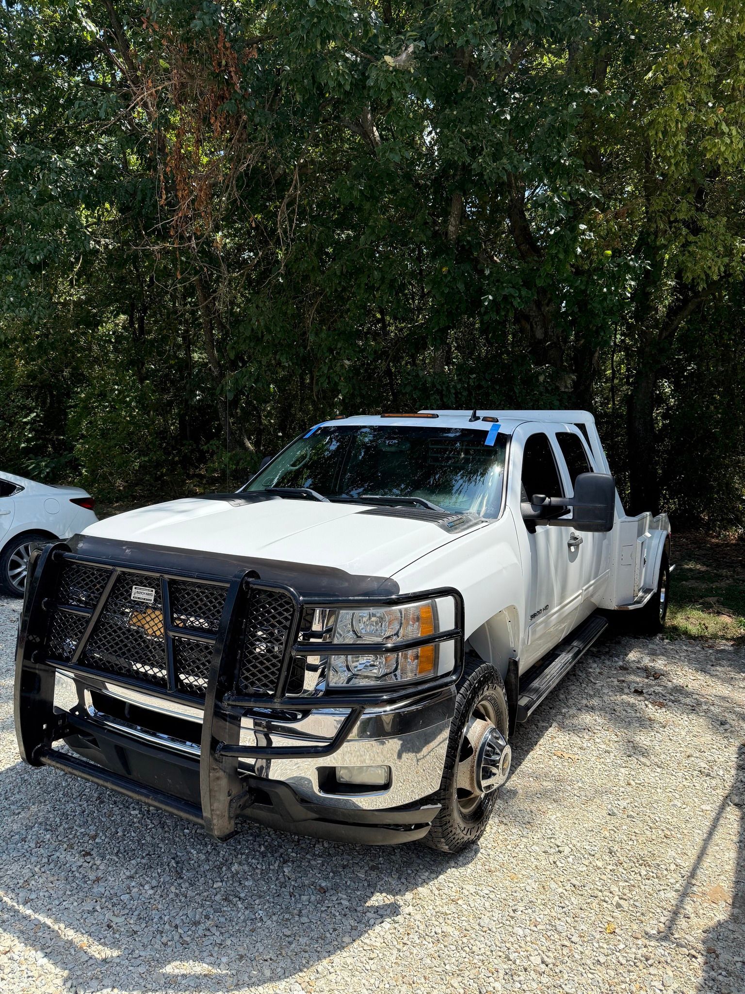 White Chevrolet Silverado truck with black brush guard parked outside in front of trees.