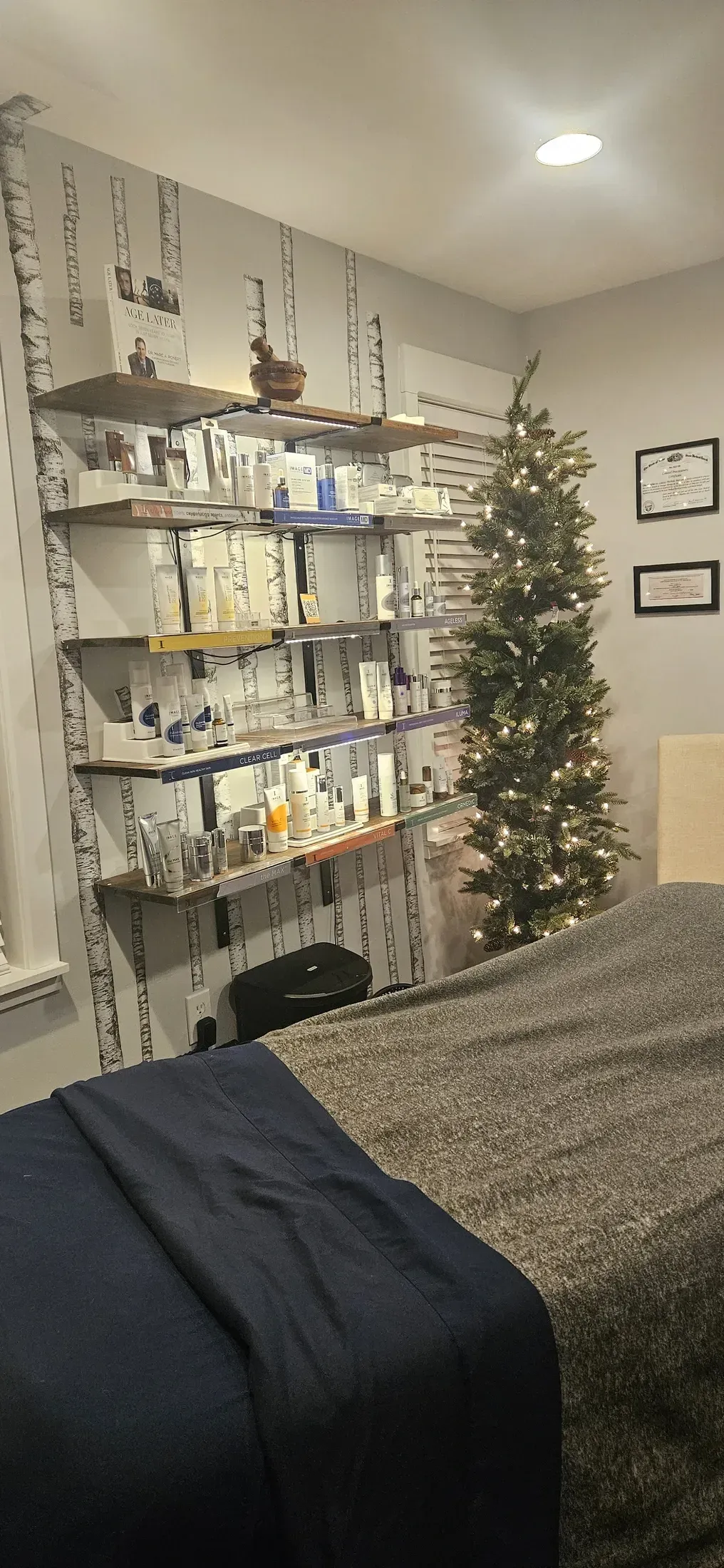 A room with a tall bookshelf, a Christmas tree, and a bed with a dark blue blanket.