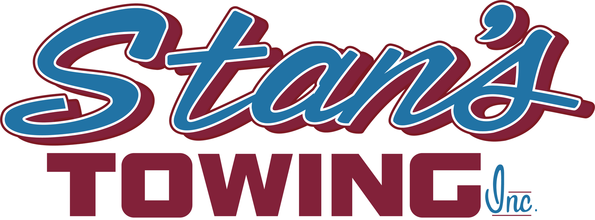 Stan&rsquo;s Towing logo with blue and red script text and a maroon &ldquo;TOWING&rdquo; banner