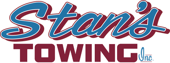 Stan’s Towing logo with blue and red script text and a maroon “TOWING” banner
