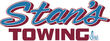 Stan&rsquo;s Towing logo with blue and red script text and a maroon &ldquo;TOWING&rdquo; banner