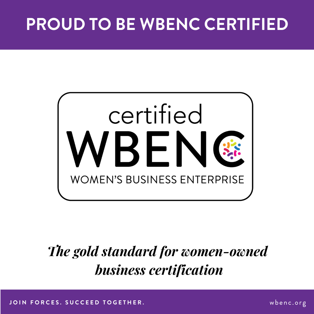 WBENC certification badge with purple header and “women’s business enterprise” logo, plus slogan on white background