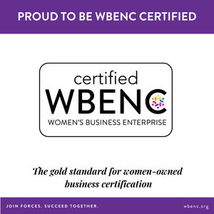 WBENC certification badge with purple header and “women’s business enterprise” logo, plus slogan on white background