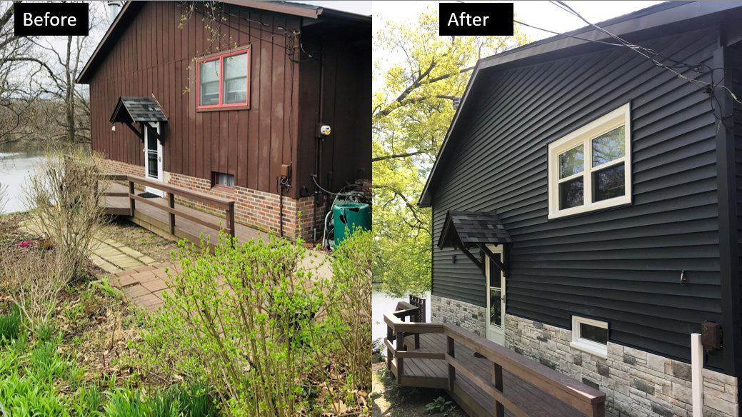 A before and after picture of a house with black siding.