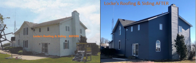 A before and after picture of a house with a chimney.
