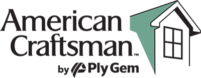 American Craftsman by Ply Gem logo featuring text and a stylized green roof icon over a window.