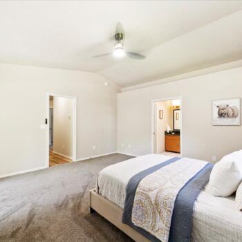 A bedroom with gray carpet, a white bed with a blue patterned runner, two doorways, a ceiling fan, and animal artwork.