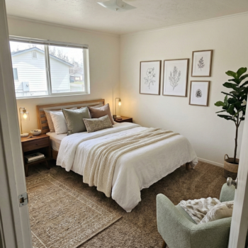 A neutrally decorated bedroom with a bed, wood nightstands, framed botanical prints, and a potted plant.