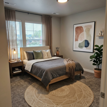 A modern bedroom featuring a bed with gray bedding, a round jute rug, abstract wall art, and a potted plant.