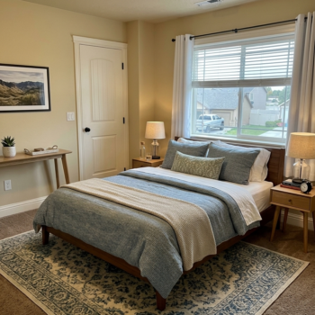 A cozy bedroom featuring a wooden bed with blue bedding, a patterned rug, a window with curtains, and two nightstands.