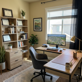 A home office with a light-wood L-shaped desk, a dark grey office chair, and a matching bookshelf filled with decor.