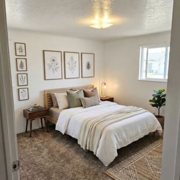 A cozy bedroom with a neutral color palette, featuring a wood frame bed, botanical wall art, and a small side table.