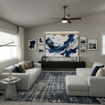 Modern living room with a large abstract blue and white painting above a black console, flanked by two light gray sofas.