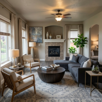 A cozy living room with a fireplace, a dark gray sectional sofa, two light armchairs, and a round wooden coffee table.