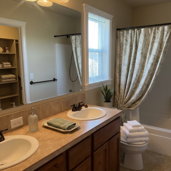 A bright bathroom with a double vanity, wooden cabinets, a large mirror, a window, a toilet, and a shower curtain.