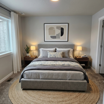 A modern bedroom with a gray upholstered bed, light wood nightstands, round jute rug, and minimalist wall art.
