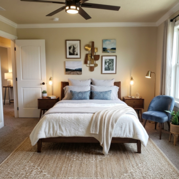 A bedroom featuring a queen bed with gray linens, a beige rug, two wooden nightstands, a blue chair, and wall art.