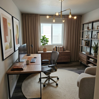A modern home office with a wooden desk, an ergonomic chair on a circular rug, wall art, bookshelves, and tan curtains.