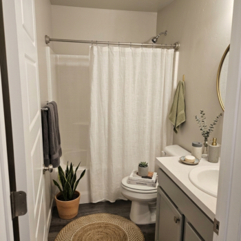 A small, neutral-toned bathroom featuring a white shower curtain, a snake plant, a round jute rug, and a gray vanity.
