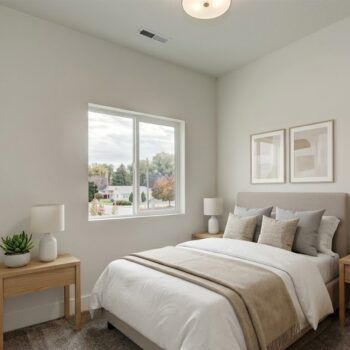 A minimalist bedroom with a bed, light-toned bedding, two nightstands with lamps, and framed art on a beige wall.