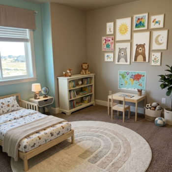 A children's room with a twin bed, bookcase, small table and chair, and a gallery wall with animal and nature prints.