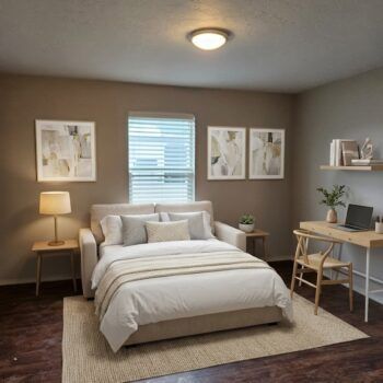 A neutral-toned bedroom with a central sofa bed, a small desk area on the right, and framed wall art.