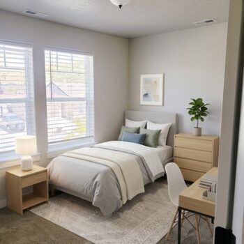 A neutral-toned bedroom with a twin bed, light wood dresser, desk, lamp, and framed art, viewed from an open doorway.