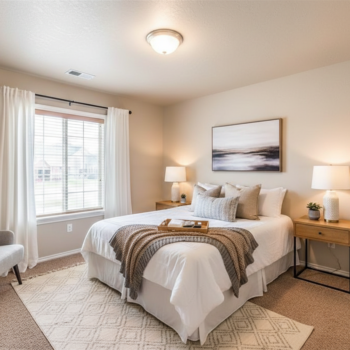 A bright, neutral-toned bedroom features a bed with white linens, a brown throw blanket, and framed landscape wall art.