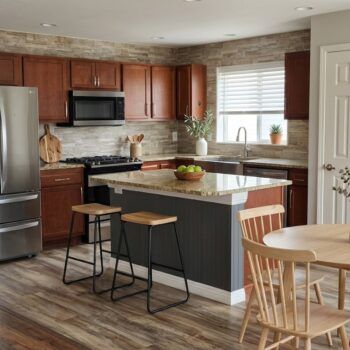 A modern kitchen featuring wooden cabinets, a dark island with two bar stools, stainless steel appliances, and a table.