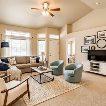 A well-lit, neutral-toned living room with a sectional sofa, two light blue armchairs, a coffee table, and a TV stand.