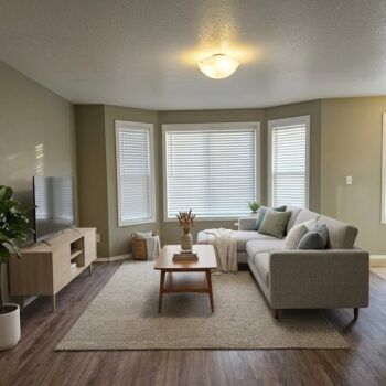 A beige living room features a grey sectional sofa, a wooden coffee table on a rug, a TV stand, and a bay window.