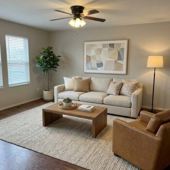 A neutral-toned living room featuring a beige sofa, a low wooden coffee table, a tall potted plant, and a leather armchair.