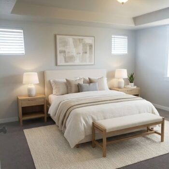 A modern, neutral-toned bedroom with a white bed, beige bench, two light wood nightstands, and wall art in a centered frame.