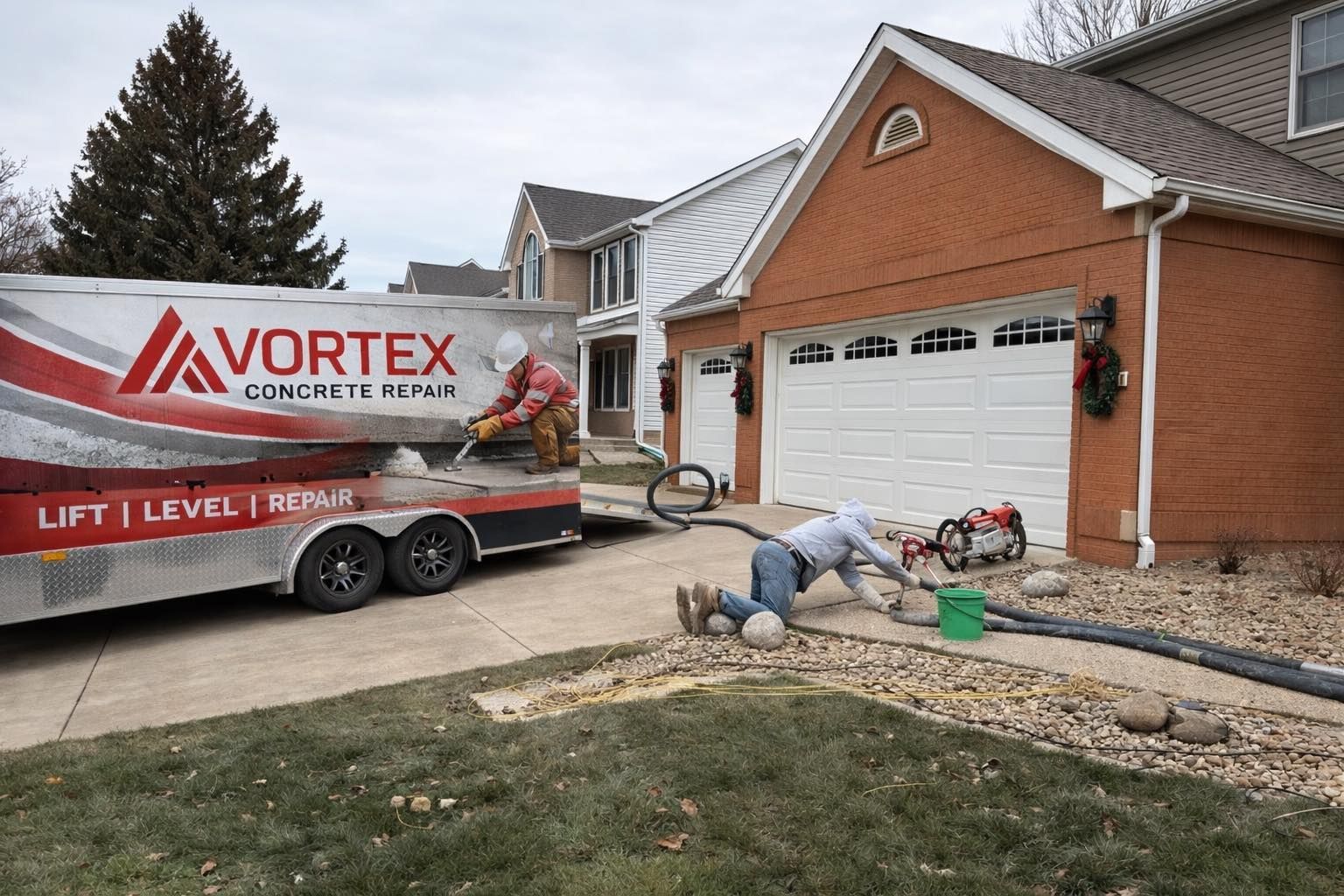 Two workers use equipment from a Vortex Concrete Repair trailer to fix a concrete driveway in front of a brick house.