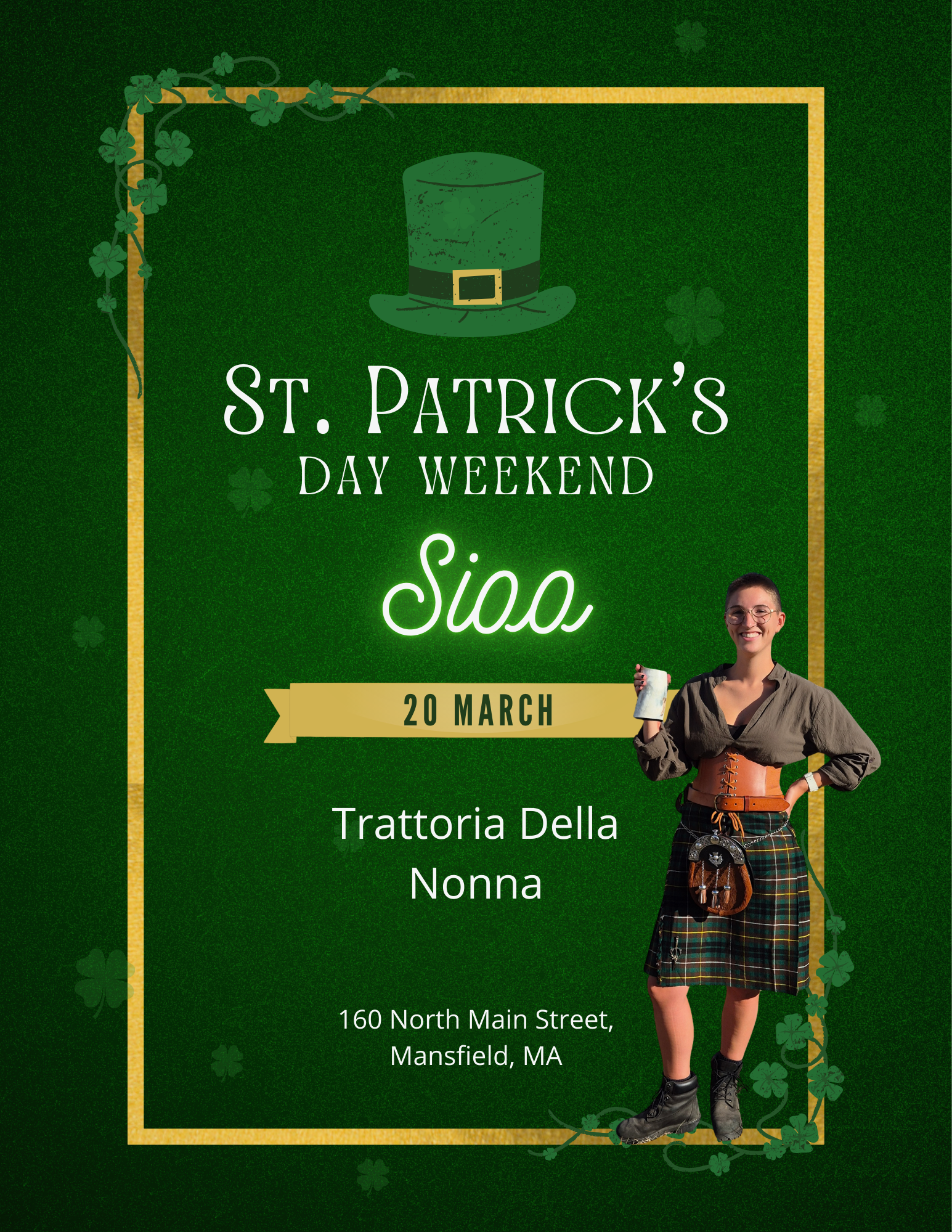Event flyer for St. Patrick's Day weekend at Trattoria Della Nonna, 160 North Main Street, Mansfield, MA, on 20 March.