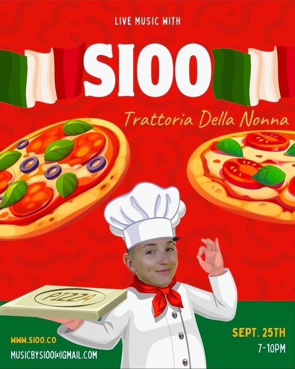 Trattoria Della Nonna $100 live music pizza ad with chef and pizza illustrations, Sept. 25th