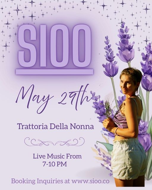 Lavender event poster for S100, May 29th at Trattoria Della Nonna, live music 7–10 PM, booking info below