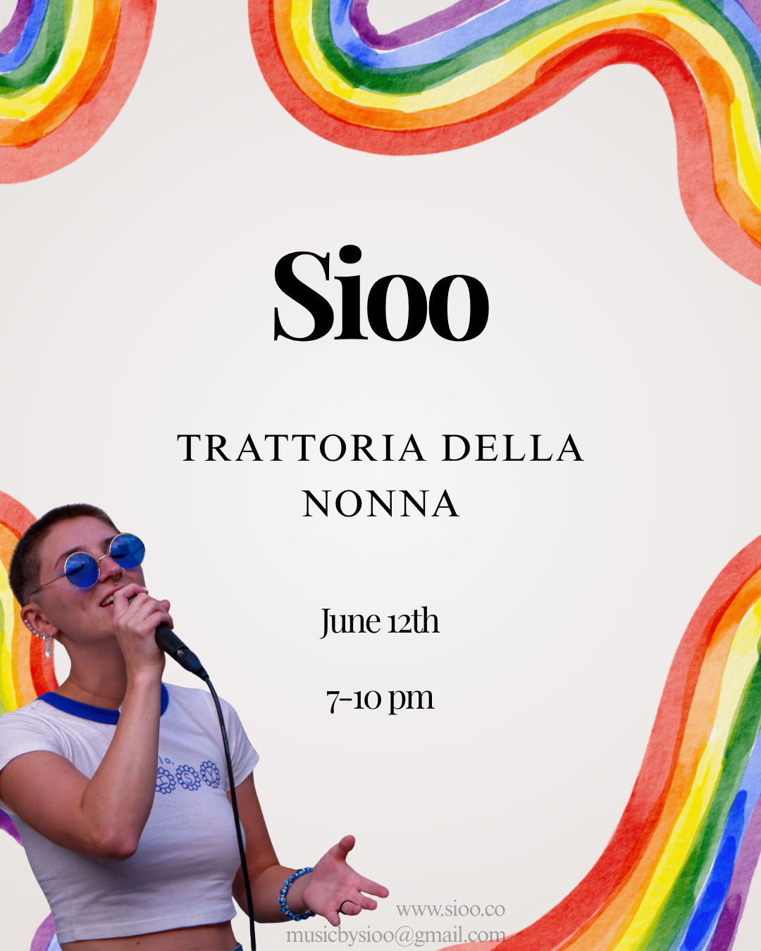 Sioo Trattoria della Nonna poster with rainbow border and singer holding a microphone at left