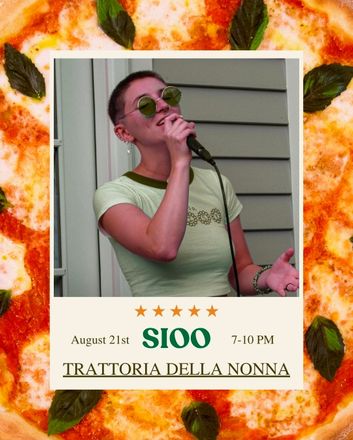Singer in green shirt and sunglasses performing at Trattoria della Nonna, August 21st, $100, 7:10 PM.