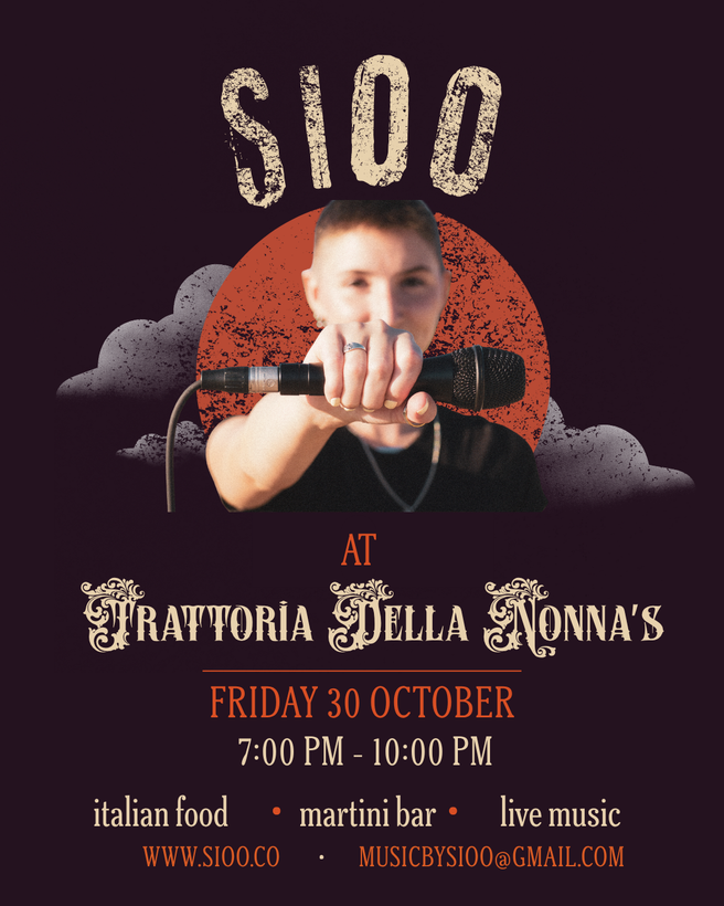 Live music night at Trattoria Della Nonna’s, Friday, 30 October, 7–10 PM, with Italian food and a martini bar