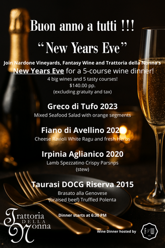 New Year's Eve dinner ad with a bottle of champagne, wine glasses, and a dark background.