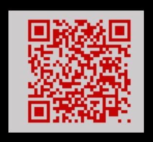 Red QR code on a gray background, framed by a black border.
