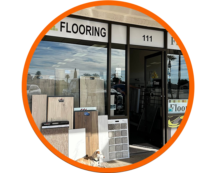 Flooring store entrance with display samples and orange circular border