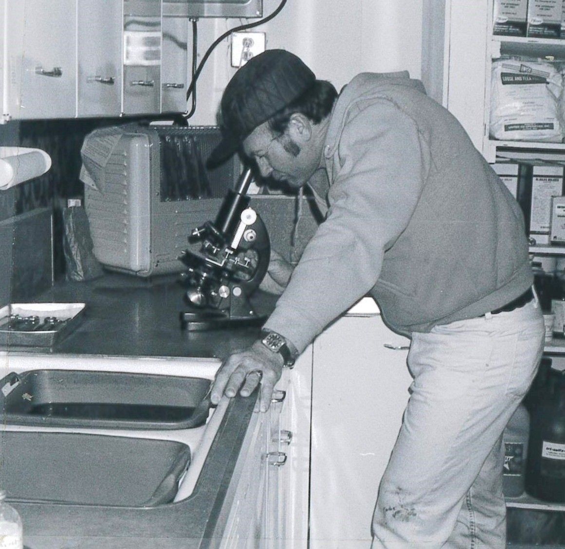 Person leaning over a kitchen counter using a microscope beside a sink and cabinets.