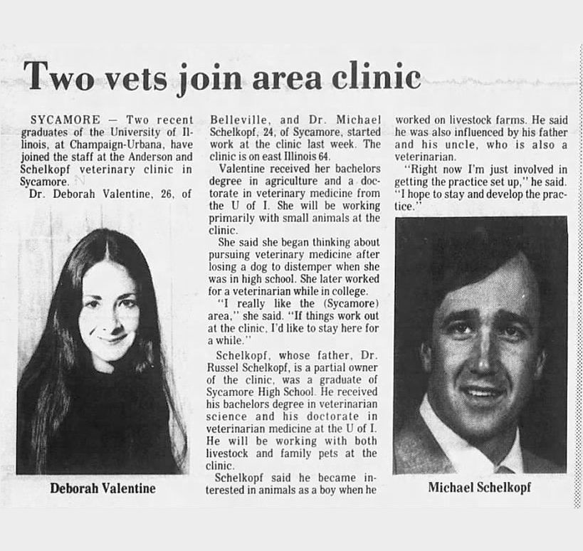 Black-and-white newspaper clipping with two portrait photos and article text about Syracuse veterinarians Debra Valentine and Michael Sehlhoff