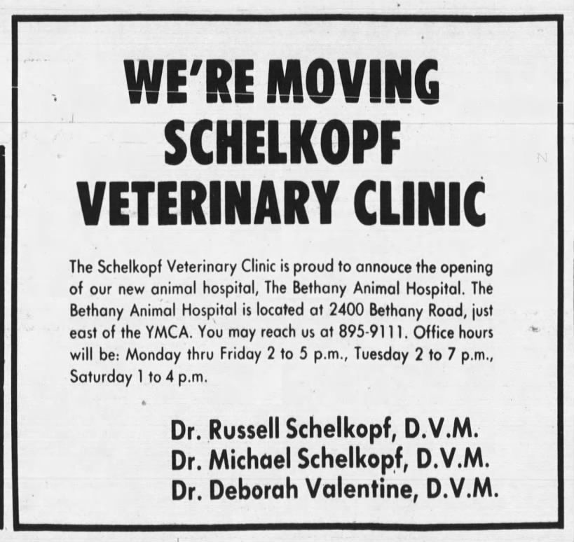 Black-and-white notice announcing Schelkopf Veterinary Clinic is moving to Bethany Animal Hospital and new hours are listed