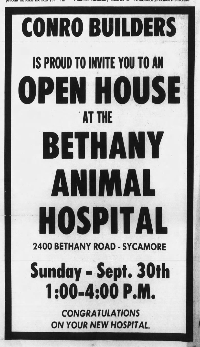 Black-and-white poster for Conro Builders' open house at Bethany Animal Hospital, Sept. 30, 1-4 p.m.